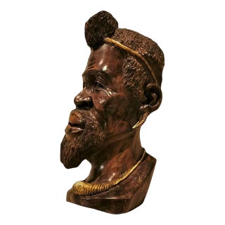 African Artist, Sculpture of a Man's Head, 1870, Wood with Gold Details For Sale