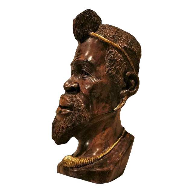 African Artist, Sculpture of a Man's Head, 1870, Wood with Gold Details For Sale