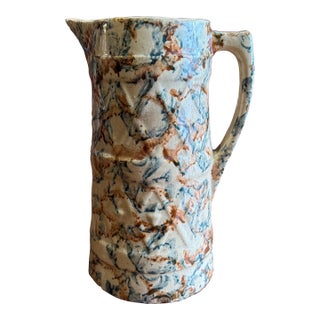 Antique Farmhouse Yellowware Blue and Brown Sponge Decorated Pitcher, Circa 1870's For Sale