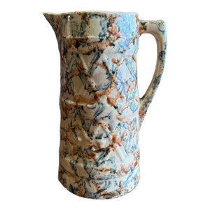 Antique Farmhouse Yellowware Blue and Brown Sponge Decorated Pitcher, Circa 1870's