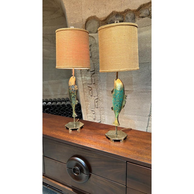 1960s Pepe Mendoza Sensational Bronze Fish Table Lamps Malachite ...