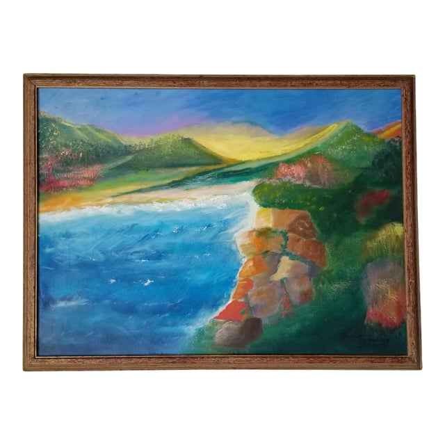1970s Coastal Mountain Landscape Oil Painting by Luci Rosenberg, Framed For Sale