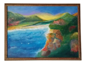 1970s Coastal Mountain Landscape Oil Painting by Luci Rosenberg, Framed