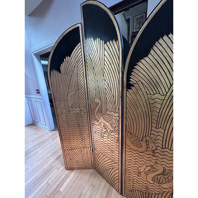 1980s Vintage Large 1980s Art Deco Revival Gilt & Black Lacquer Four-Panel Folding Screen / Room Divider For Sale - Image 5 of 7