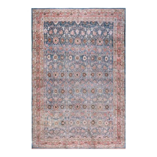 Calming Cornflower Blue Background Apricot Border Floral Design Antique Persian Bijar Rug For Sale