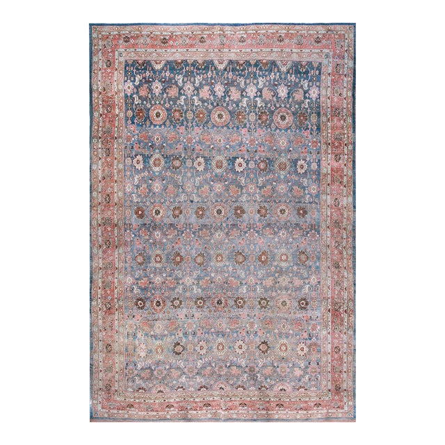 Calming Cornflower Blue Background Apricot Border Floral Design Antique Persian Bijar Rug For Sale
