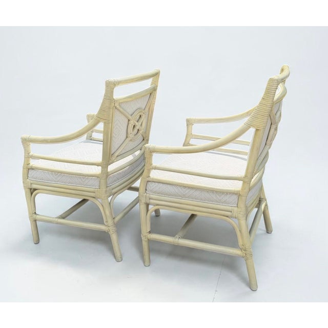 Wood Vintage Target Back Rattan Armchairs With Custom Geometric Upholstery For Sale - Image 7 of 11