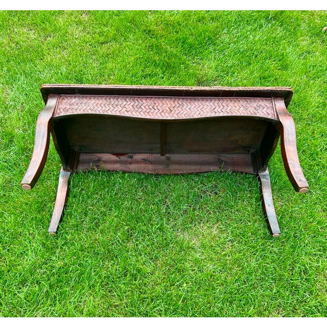 Late 20th Century Wooden Bench, With a Cushioned, Rattan-Woven Seat, Curved Legs, Late 20th Century, Bohemian/Coastal Styles For Sale - Image 5 of 11