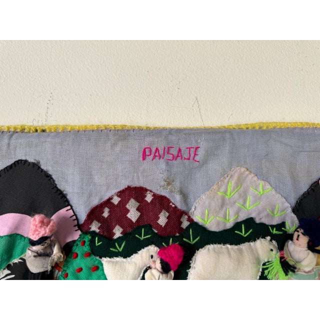 Folk Art Vintage " Orange Harvest - Landscape " Peruvian Folk Art Hand Embroidery Wall Tapestry For Sale - Image 3 of 12