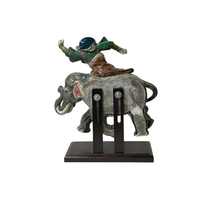 Chinese Vintage Color Ceramic Warrior Riding Elephant Figure Display Art For Sale - Image 4 of 8