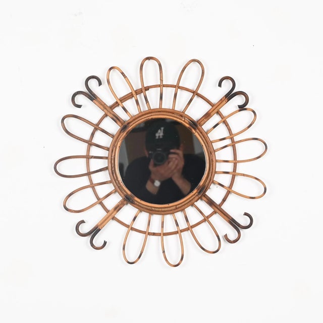 Mid-Century French Riviera Round Sunburst Mirror in Curved Rattan, France, 1970s For Sale - Image 6 of 11