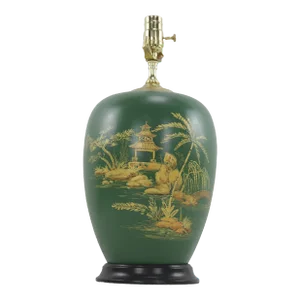 Vintage Green Glazed Gilt Hand-Painted Chinoiserie Ceramic Jar-Shaped Table Lamp