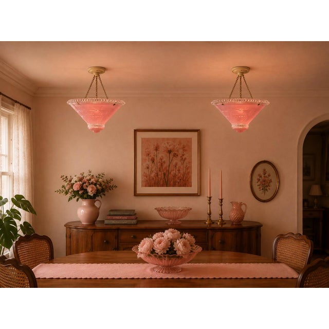 Bring authentic Art Deco elegance into your home with this beautiful pair of vintage pink satin glass ceiling light shades...