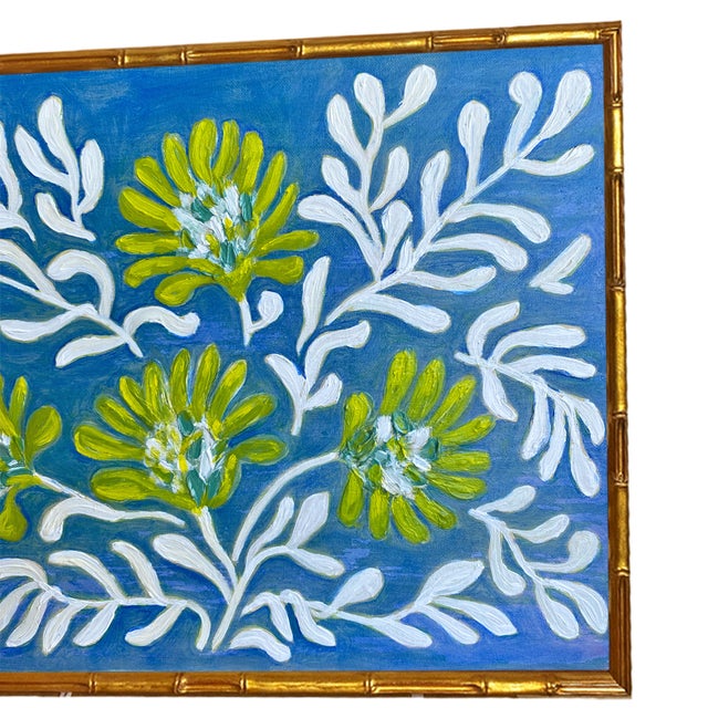 Chinoiserie Original Framed Peony Garden Painting Blue and White Floral Wall Art Oil on Canvas in Gold Bamboo Frame, 16x20 Botanical Boho Home Decor For Sale - Image 3 of 3