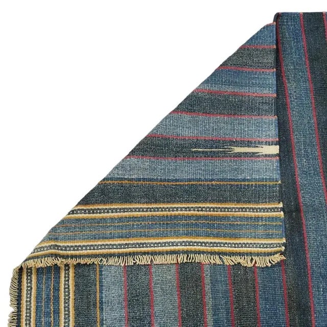 1950s Vintage Dhurrie Runner Rug in Blue Stripes With Red Accents | Rug & Kilim For Sale - Image 5 of 6