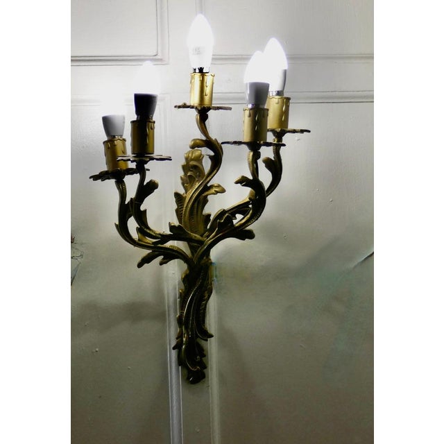 Large French Brass 5 Branch Wall Lights, 1960s, Set of 2 For Sale - Image 4 of 8
