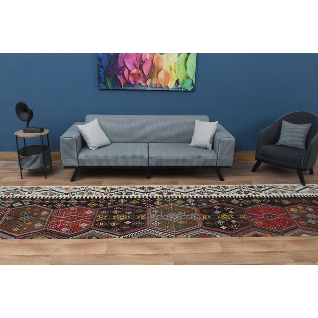 1970s Vintage Handmade Wool Cotton Black Turkish Runner Rug For Sale - Image 10 of 11