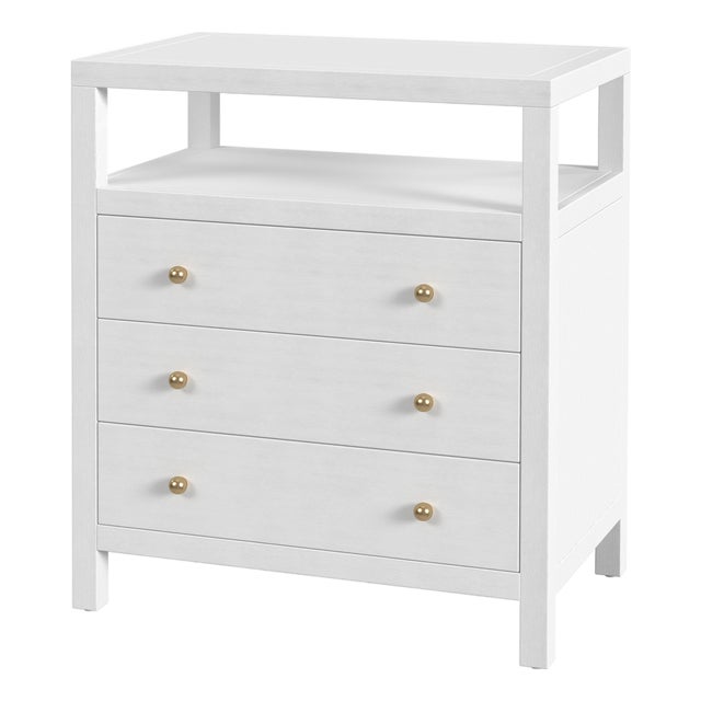 Nora 27 in. W Rectangular Wood 3 Drawer Tall Nightstand with Open Shelf on Top, Textured White For Sale