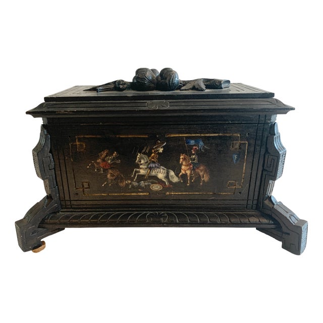 19th Century Carved Black Wood Jewelry Box with Polychrome Decoration For Sale