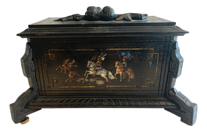 19th Century Carved Black Wood Jewelry Box with Polychrome Decoration