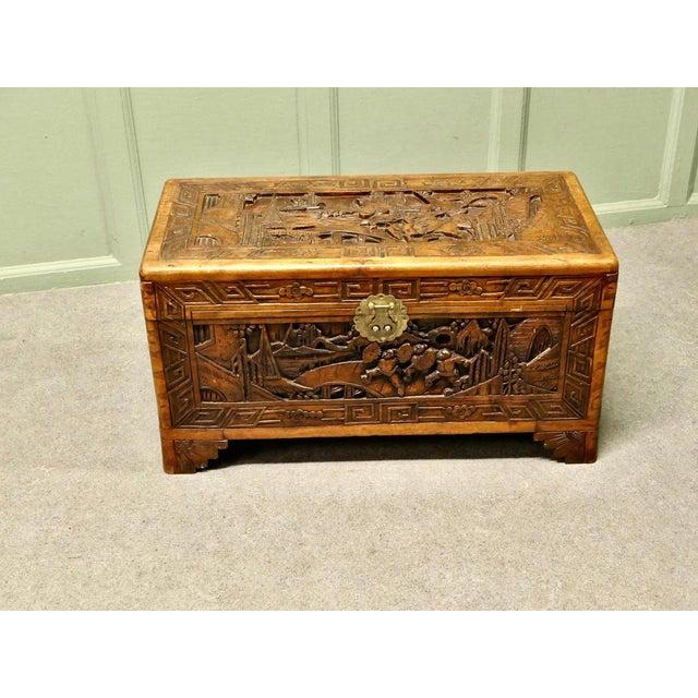 Small Carved Camphor Wood Chest, 1920 For Sale - Image 4 of 8