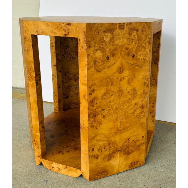 Original retail $1365, stylish Modern Poplar Burl Wood Indus Octagonal Side Table, showroom floor sample