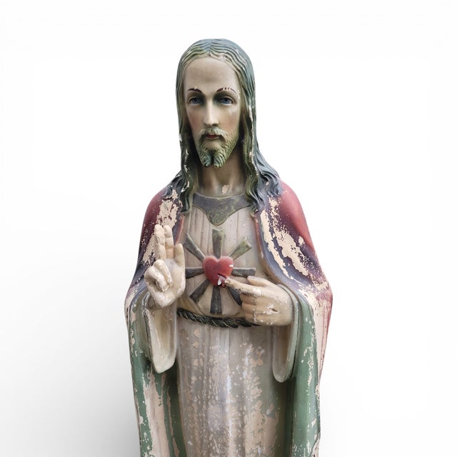 Large Sacred Heart of Jesus Statue, Early 20th Century, Polychrome Plaster For Sale - Image 3 of 13