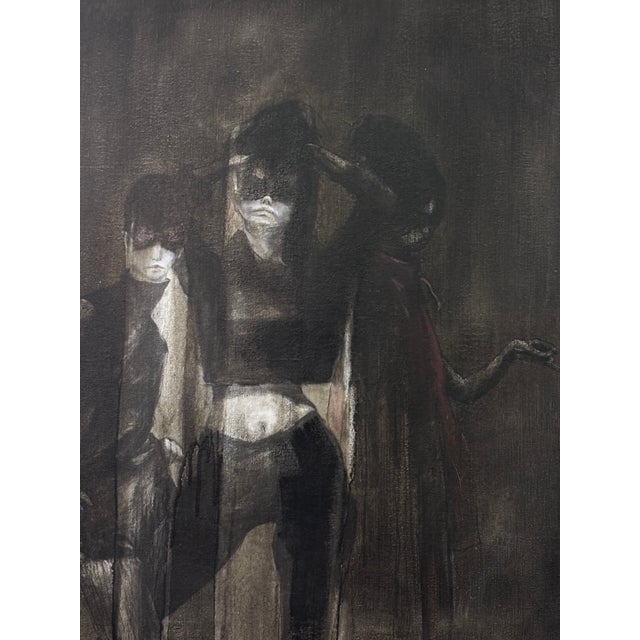 A large dramatic painting by San Francisco / Bay Area artist Raymond Rowley King. Acrylic on canvas in a walnut frame....