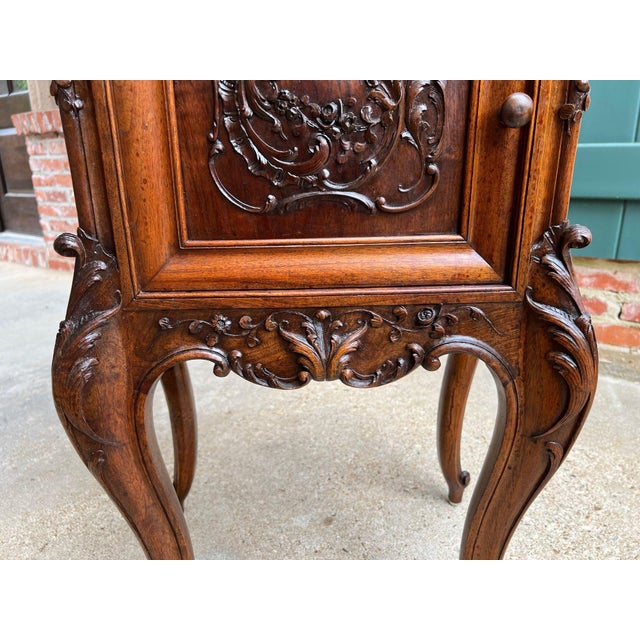 Antique French Nightstand Cabinet Marble Top Louis XV Carved Walnut C1890 For Sale - Image 17 of 18