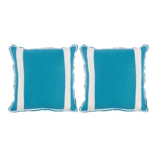 Pair of Turquoise Linen Pillows With White Stripes 20x20 For Sale