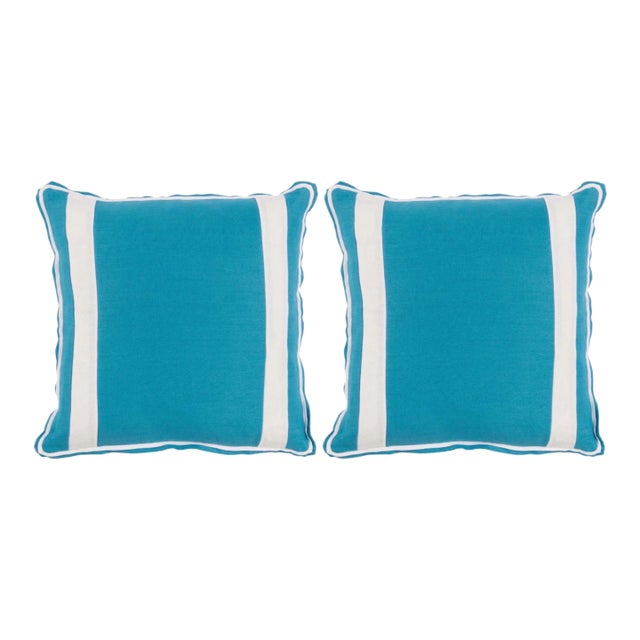 Pair of Turquoise Linen Pillows With White Stripes 20x20 For Sale