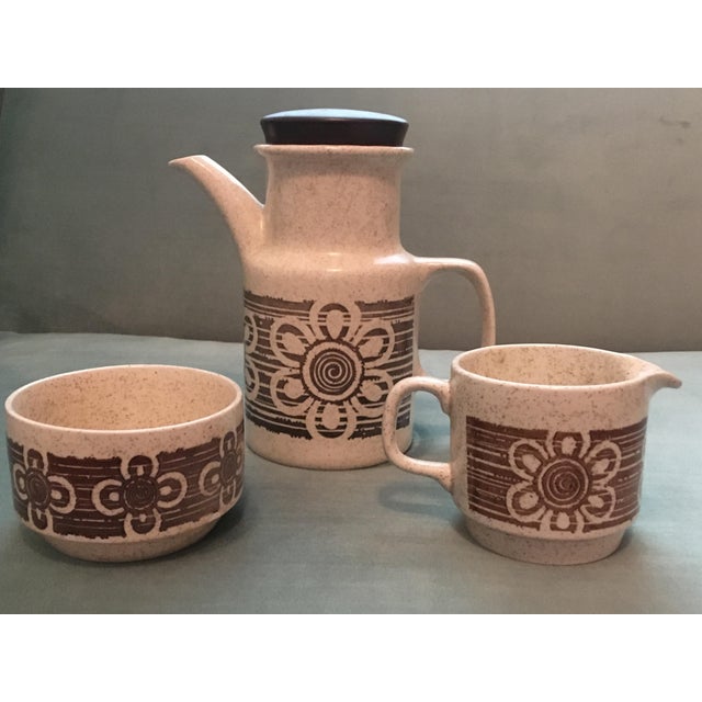 Set includes- 4 mugs- 4 inches wide at the handle & 2 1/4 inches tall. Pitcher measures 8 inches wide from handle to...
