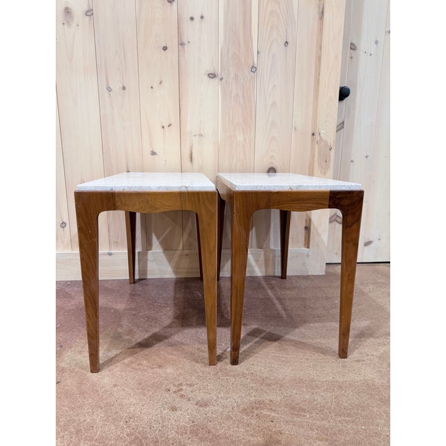 Vintage Rhythm Mid-Century Walnut & Marble Side Tables, Pair For Sale In New York - Image 6 of 7