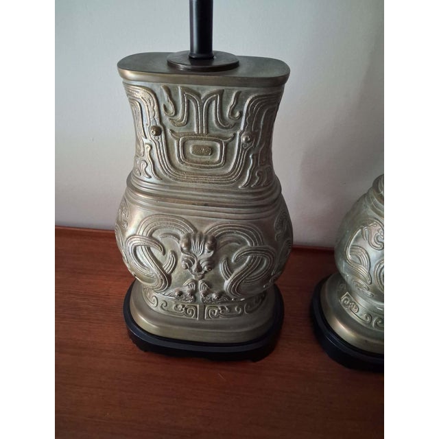 1980s Archaistic Pair of Brass Chinese Hu Vessel Urn Table Lamps - a Pair For Sale - Image 12 of 13