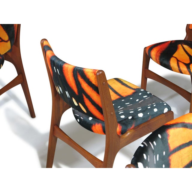 Mid 20th Century Restored Mid-Century Erik Buck Danish Teak Dining Chairs in Abstract Velvet Print For Sale - Image 14 of 15
