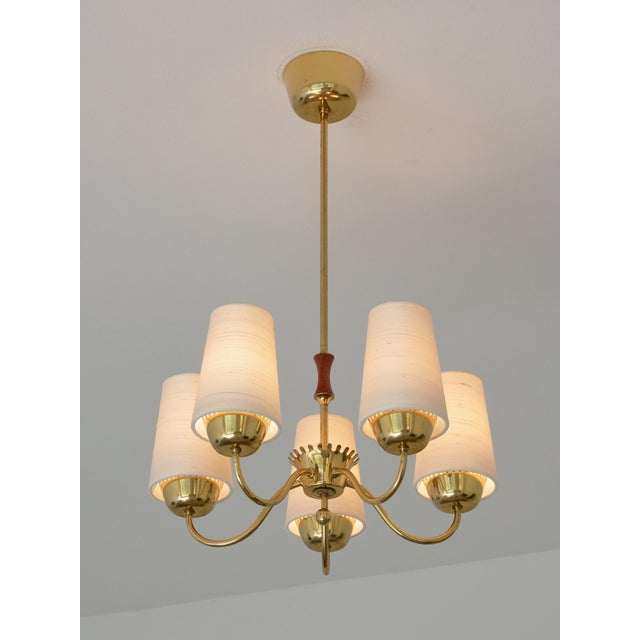 Brass 5-Arm Chandelier with Silk Shades from Asea Belysning, Sweden, 1950s For Sale - Image 9 of 12