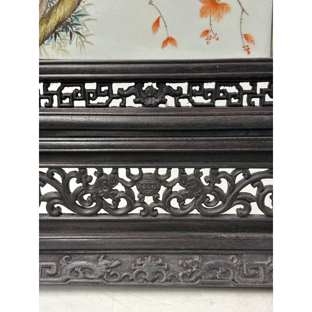 Chinese Orange Blossoms Porcelain Painting Wood Frame Tabletop Screen Art For Sale - Image 9 of 9