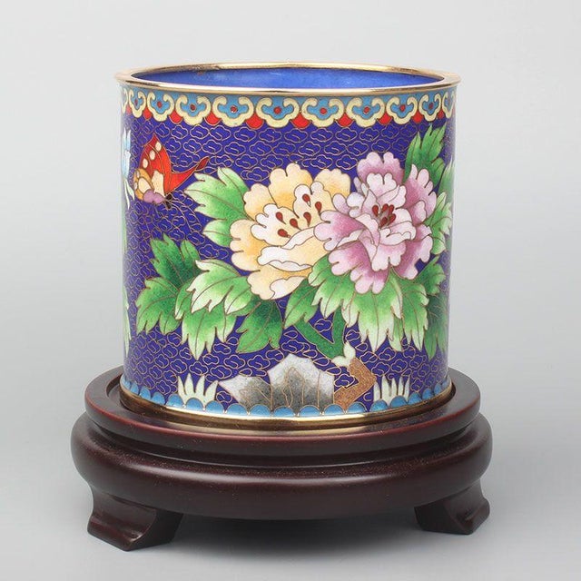 Vintage Cloisonné Enamel Brush Pot / Pen Holder – Peony & Butterfly Motif, With Wood Stand & Box For Sale - Image 9 of 10