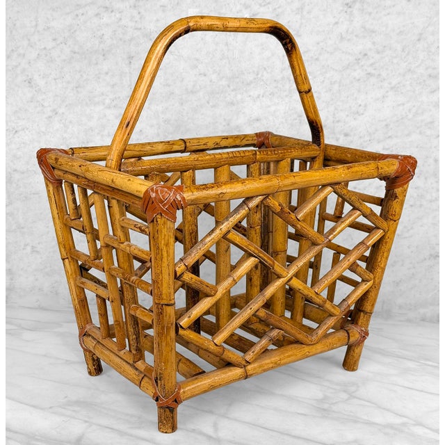 Chinoiserie Vintage Coastal Rattan Chinoiserie Rattan Record Holder Magazine Rack For Sale - Image 3 of 10