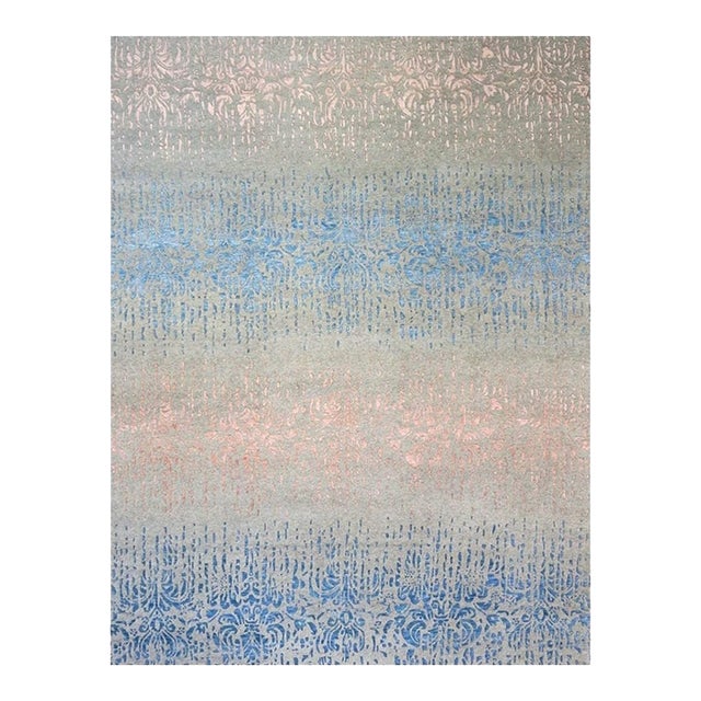 Nepalese Modern Wool & Silk 9X12 Grey, Blue & Pink Handmade Area Rug #1143453 For Sale