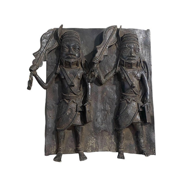 Vintage Large African Benin Bronze Plaque W/ Warriors 18.25" H For Sale - Image 11 of 12