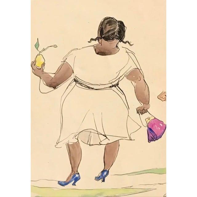 Gay artist Philadelphia Emlen Etting (1905-1993) watercolor of a voluptuous lady in a dress holding a lemon and a purple...