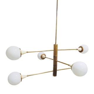 Mid-Century Brass Chandelier with 6 Opaline Spheres, Italy, 1960s For Sale