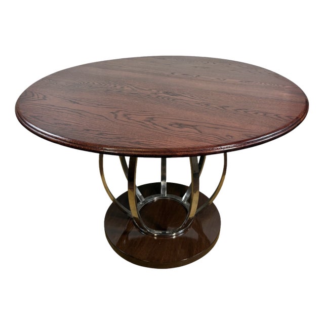 Vintage Art Deco Round Dining Table with Oak Top & Chrome Base, 1990s For Sale