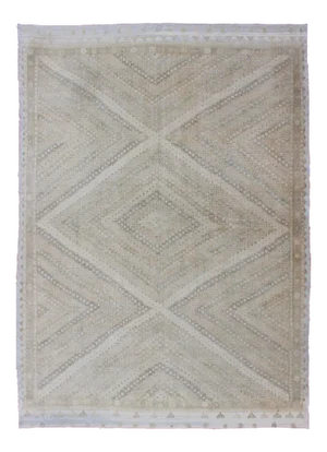 Tan, Taupe, Vintage Turkish Embroidered Rug With Geometric Diamond Design