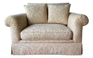 1990s Comfy Vintage Easy Chair and a Half - Reupholstered in a Soft Yellow Chinoiserie Fabric