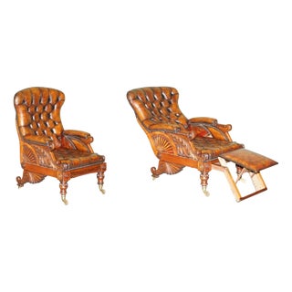 Antique Walnut and Leather Reclining Library Lounge Chair by William Smee, 1850s For Sale
