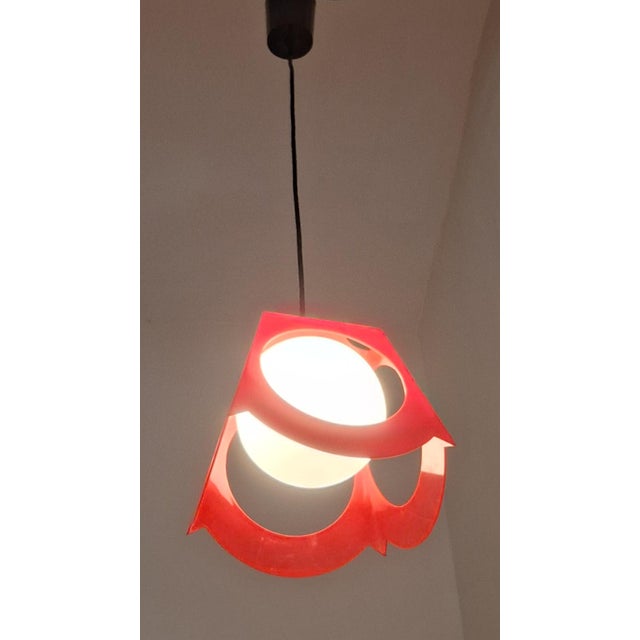 1970s Vintage Ceiling Light with Opaque White Spherical Glass Shade with Red Plastic Frame, 1970s For Sale - Image 5 of 7