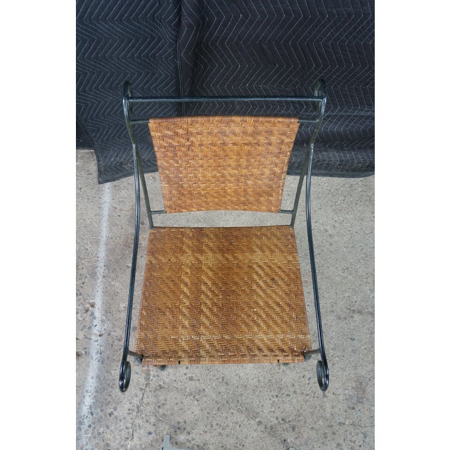 Pair Mid Century Modern Iron Wicker Patio Chairs Vintage Wrought Iron Dining Armchairs For Sale - Image 4 of 18
