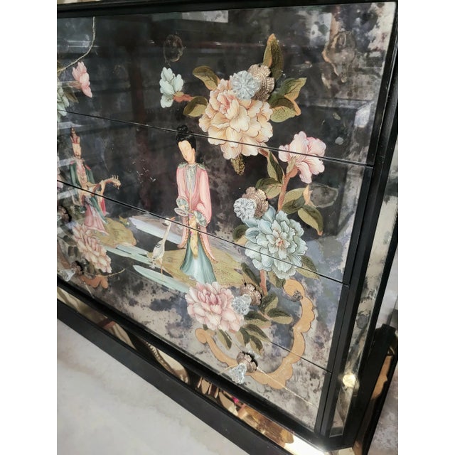 Rare Vintage Oversized Chinoiserie Emperor Verre Eglomise Black Mirrored Brass Painted 4 Drawer Chests Commodes- A Pair For Sale - Image 12 of 18